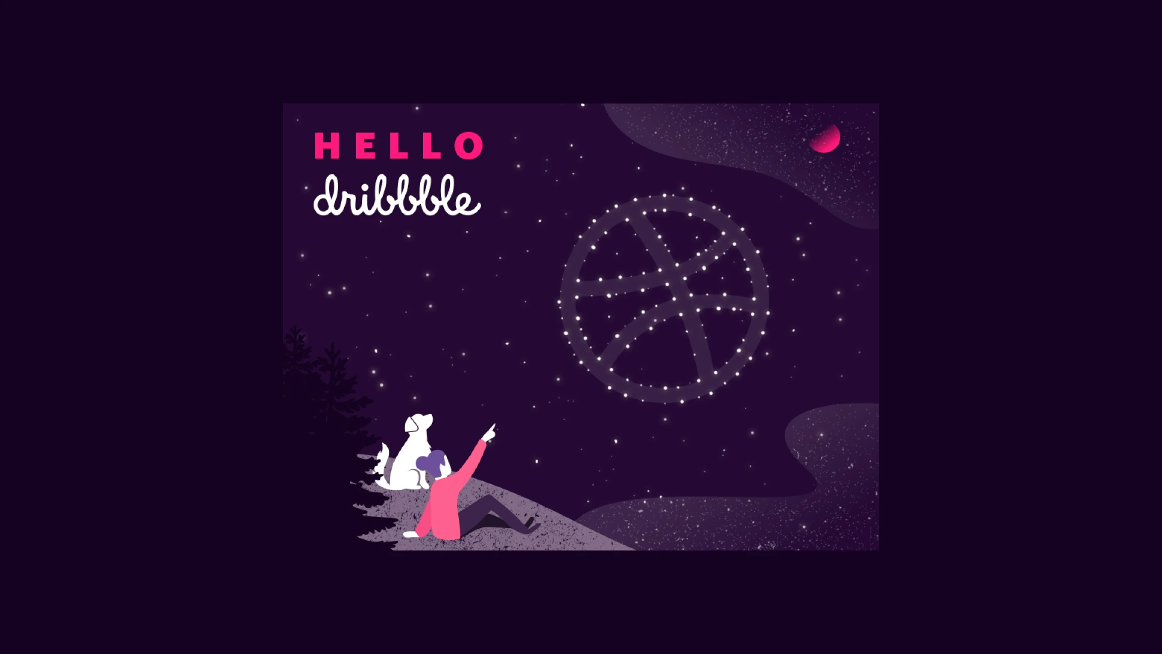 Illustration of Dribbble’s universe featuring a person and a dog gazing at a constellation shaped like the Dribbble logo in the night sky.