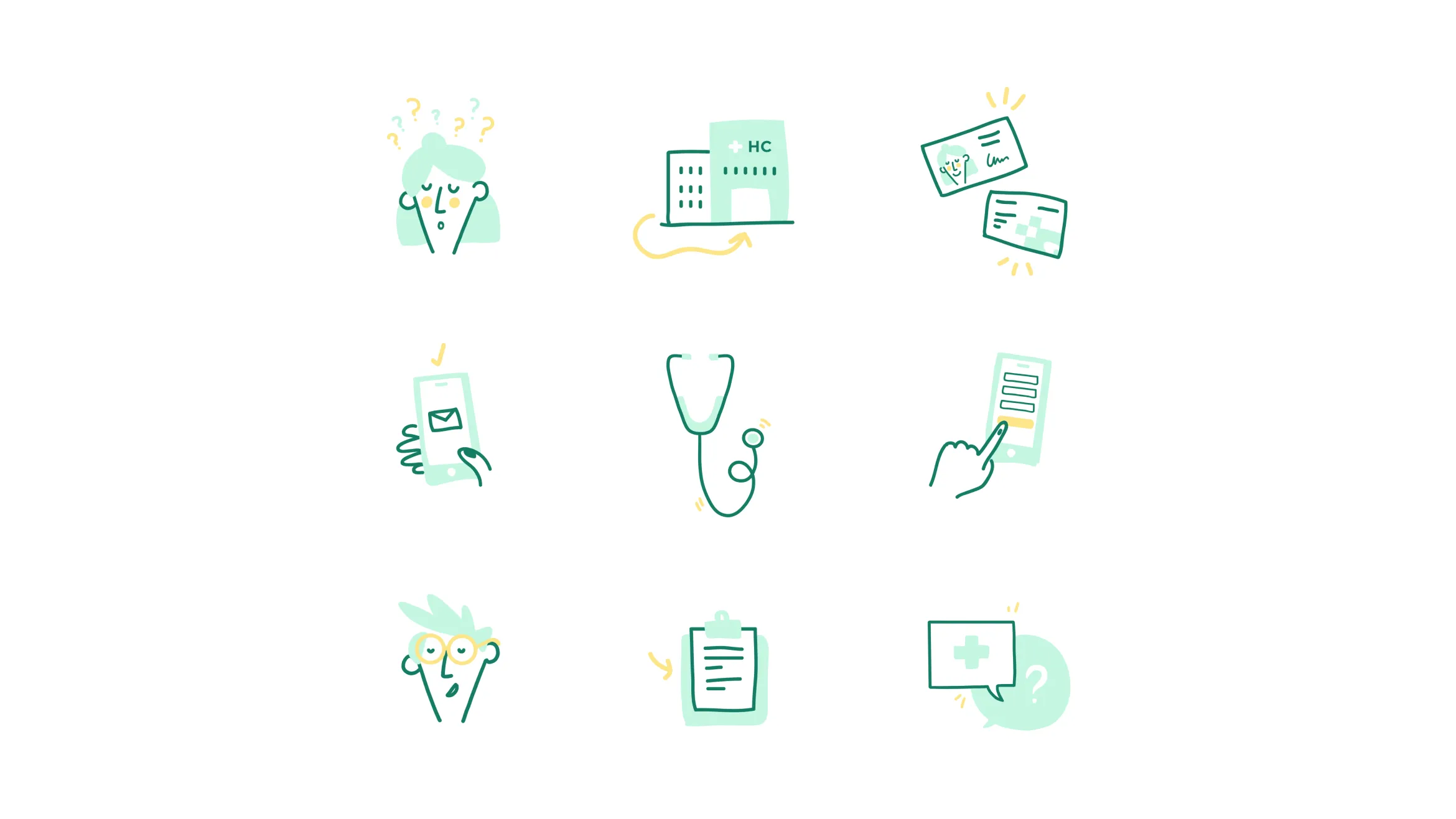 Illustrated icon set for El Meu Clínic, showcasing healthcare concepts including patient support, mobile communication, stethoscope, medical records, and hospital-related services.