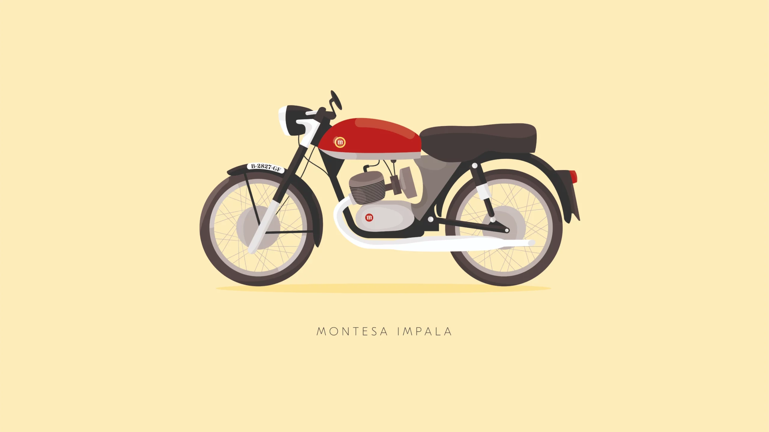 Custom illustration of a Montesa Impala motorcycle, highlighting its classic design and vintage appeal on a yellow background.