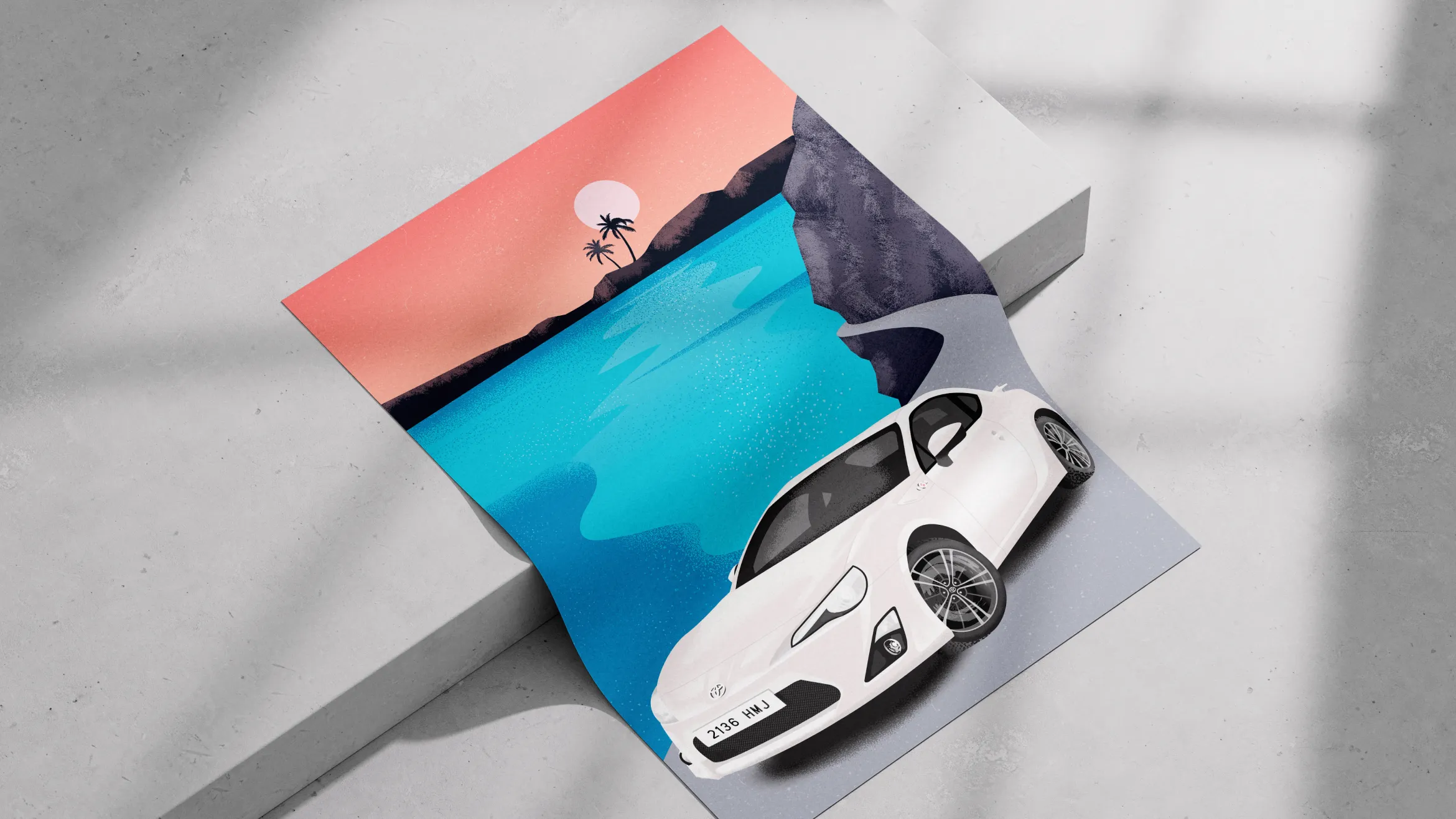 Mockup of a custom poster featuring a Toyota GT86 parked by a scenic coastal sunset, blending car passion with beach vibes.